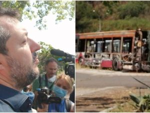 Matteo Salvini visita il deposito Atac di via Candoni