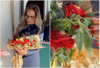 Ornella Muti a Sanremo riceve un bouquet di fiori e foglie di marijuana