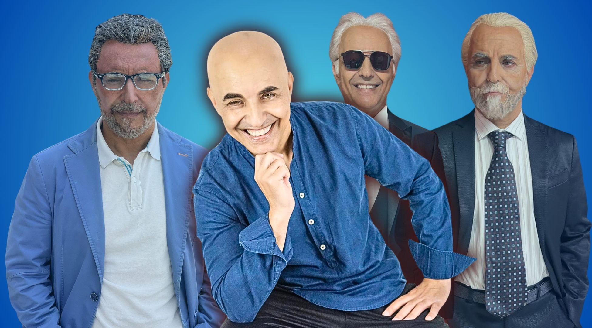 Una carrellata dei recenti personaggi di Lino Barbieri (da sx: Francesco Emilio Borrelli, Andrea Bocelli, Aurelio De Laurentiis)