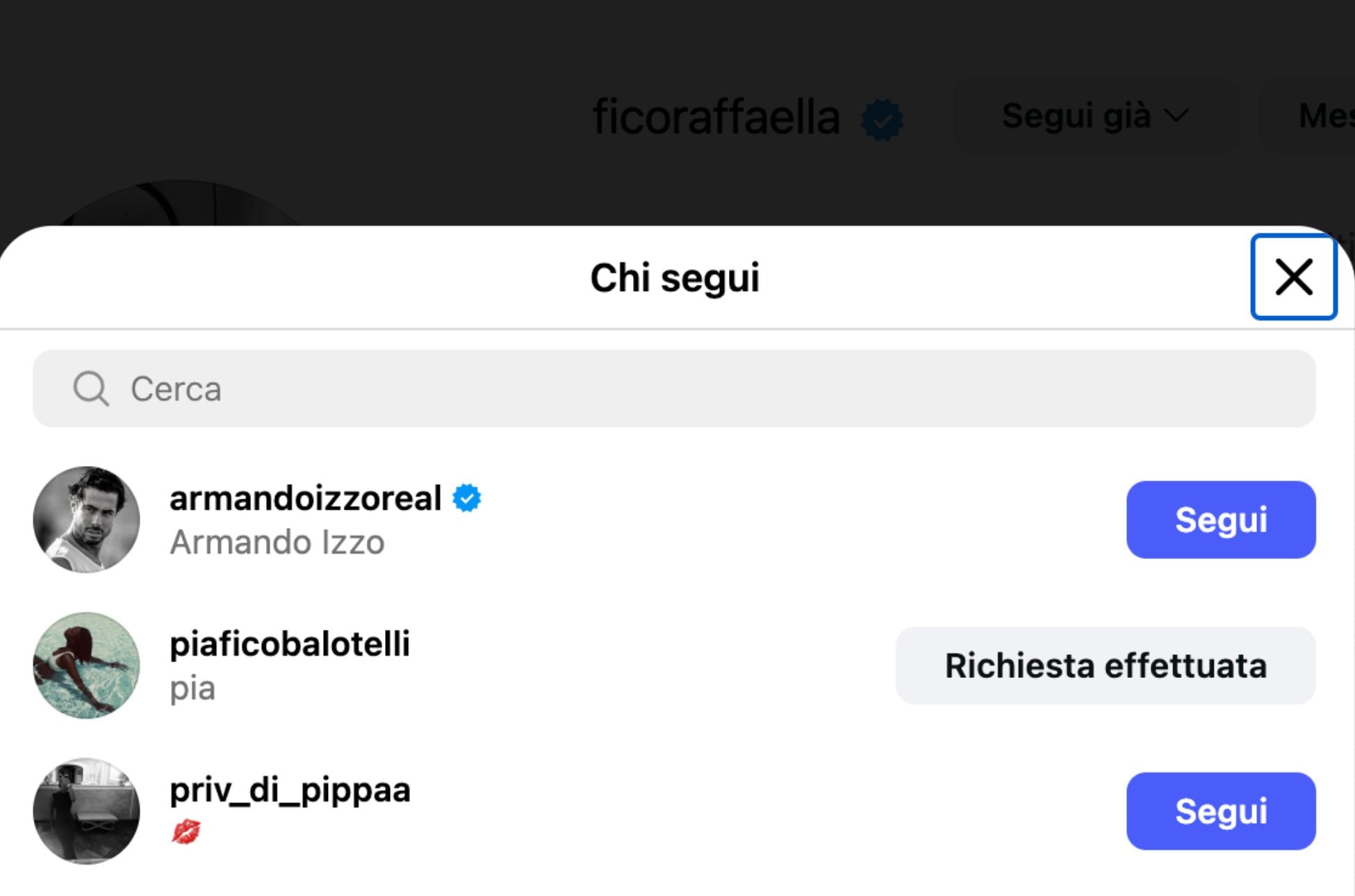Il profilo di Raffaella Fico segue solo tre account: quelli di Pia Balotelli e quello di––––––––