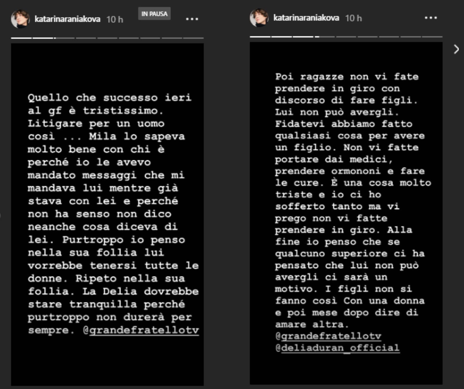 Una story pubblicata da Katarina Raniakova, ex moglie di Alex Belli, nel 2019