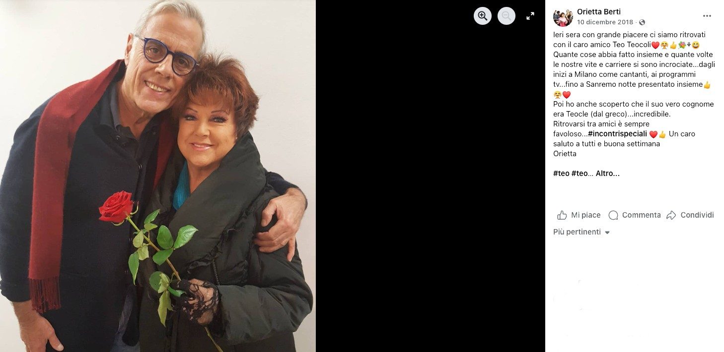 La dedica affettuosa di Orietta Berti per Teocoli nel 2018