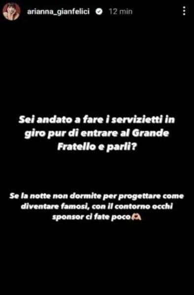 La Instagram story pubblicata da Arianna Gianfelici