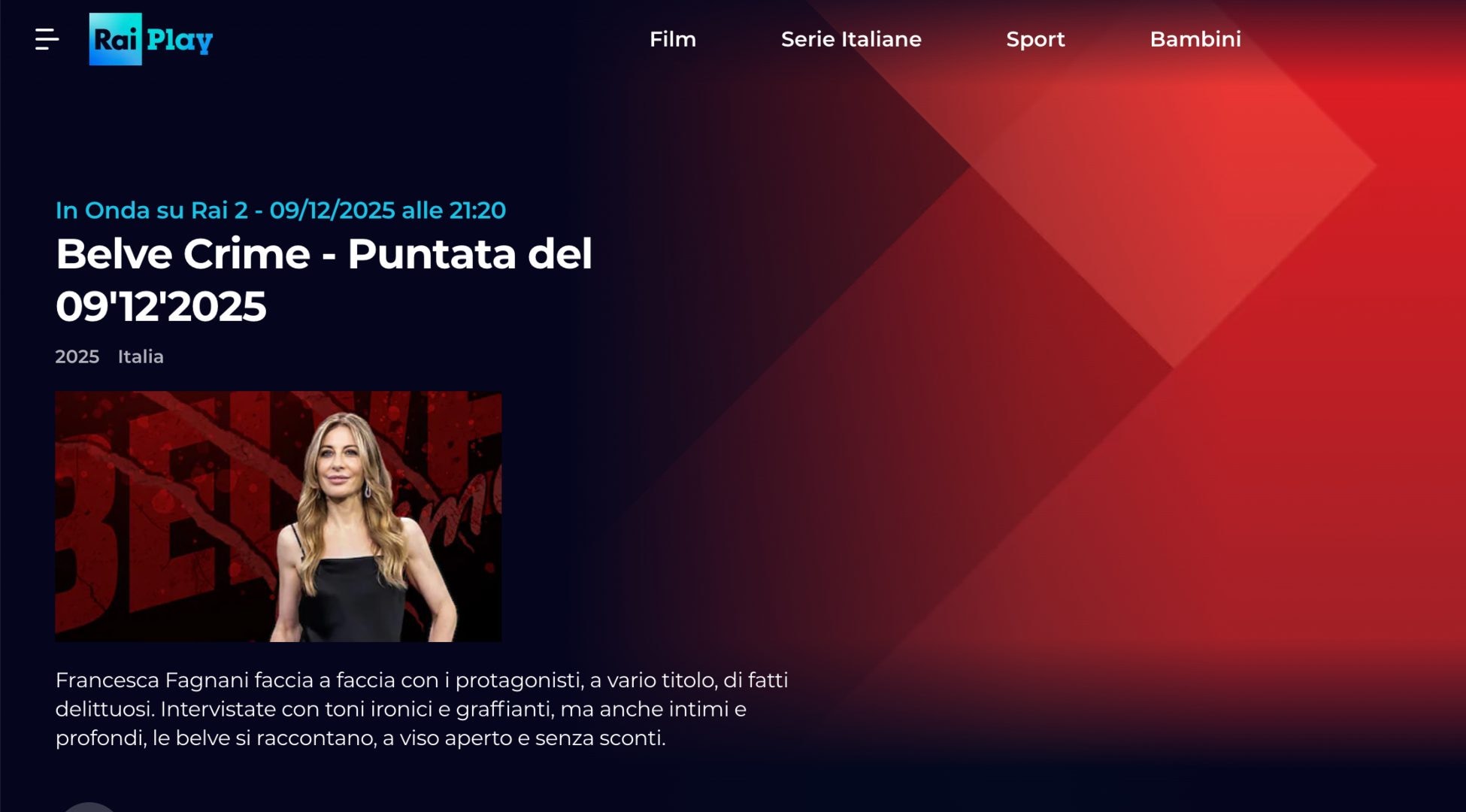 Su Rai2 ancora presente il link che avrebbe dovuto rimandare al video integrale della puntata del 9 dicembre