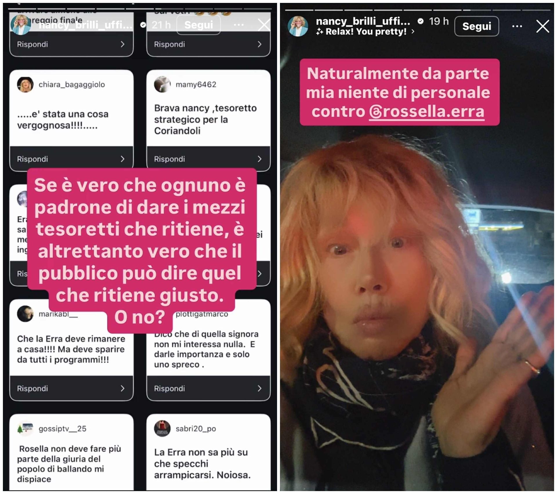 Alcuni dei commenti contro Rossella Erra condivisi da Nancy Brilli