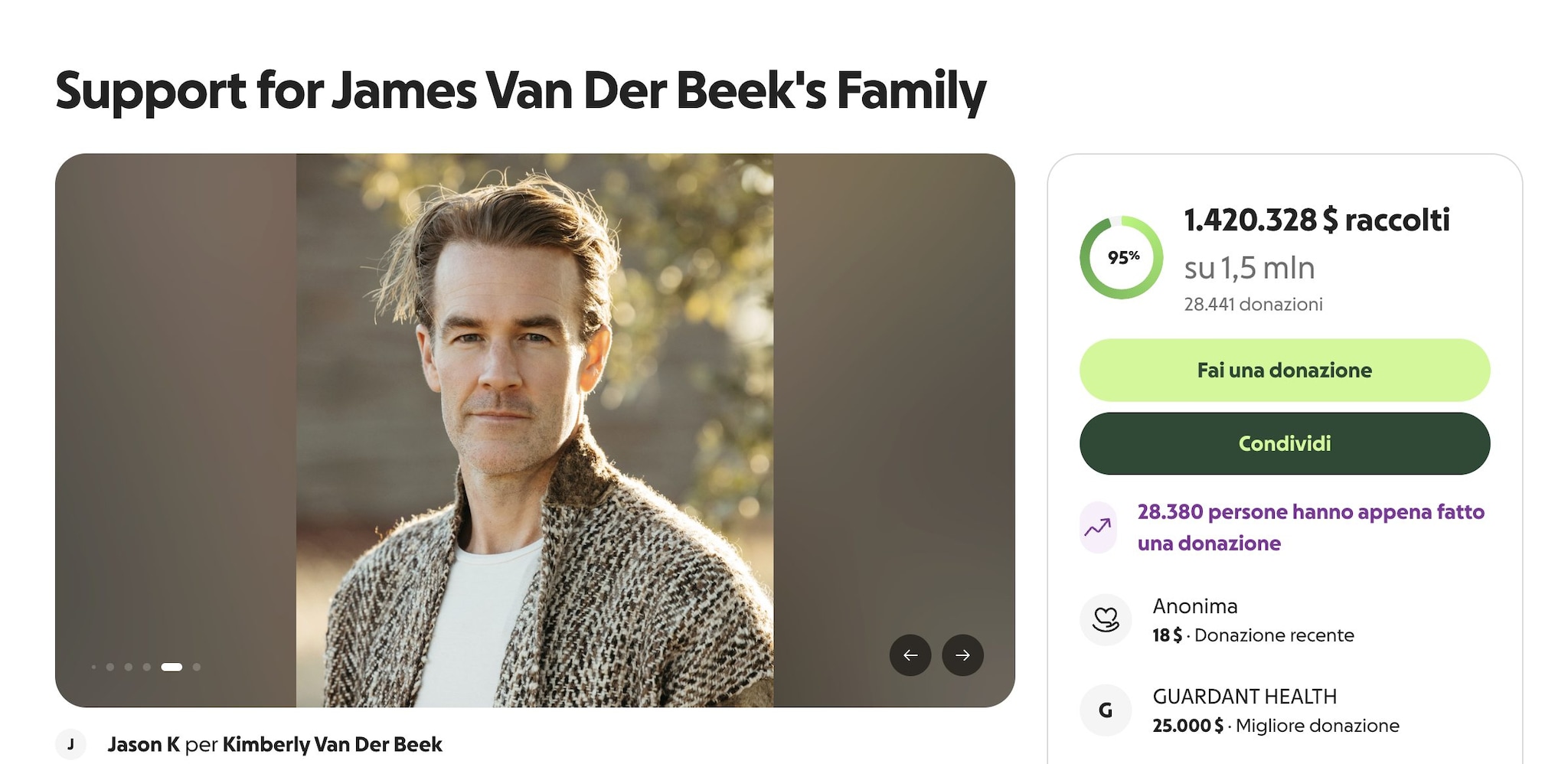 James Van Der Beek, raccolti già un milione e mezzo di euro dopo la sua morte