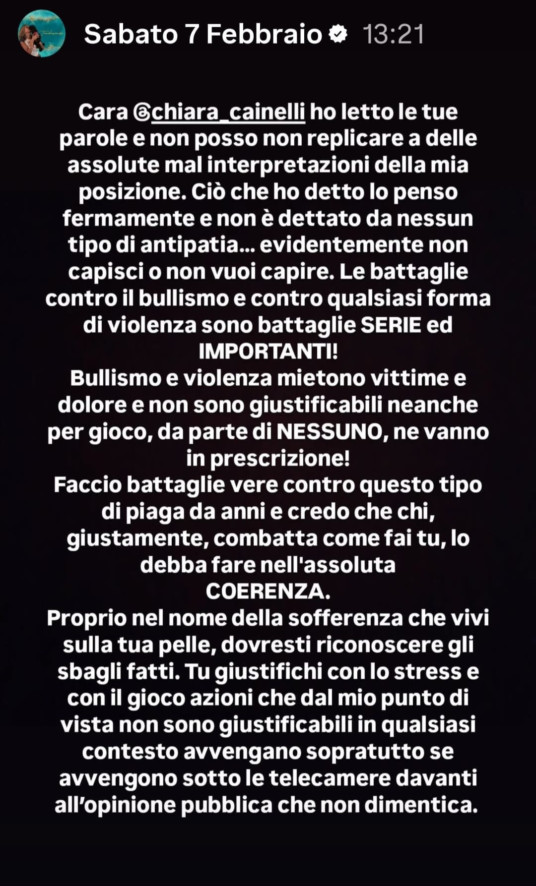 La story pubblicata su Instagram da Turchese Baracchi