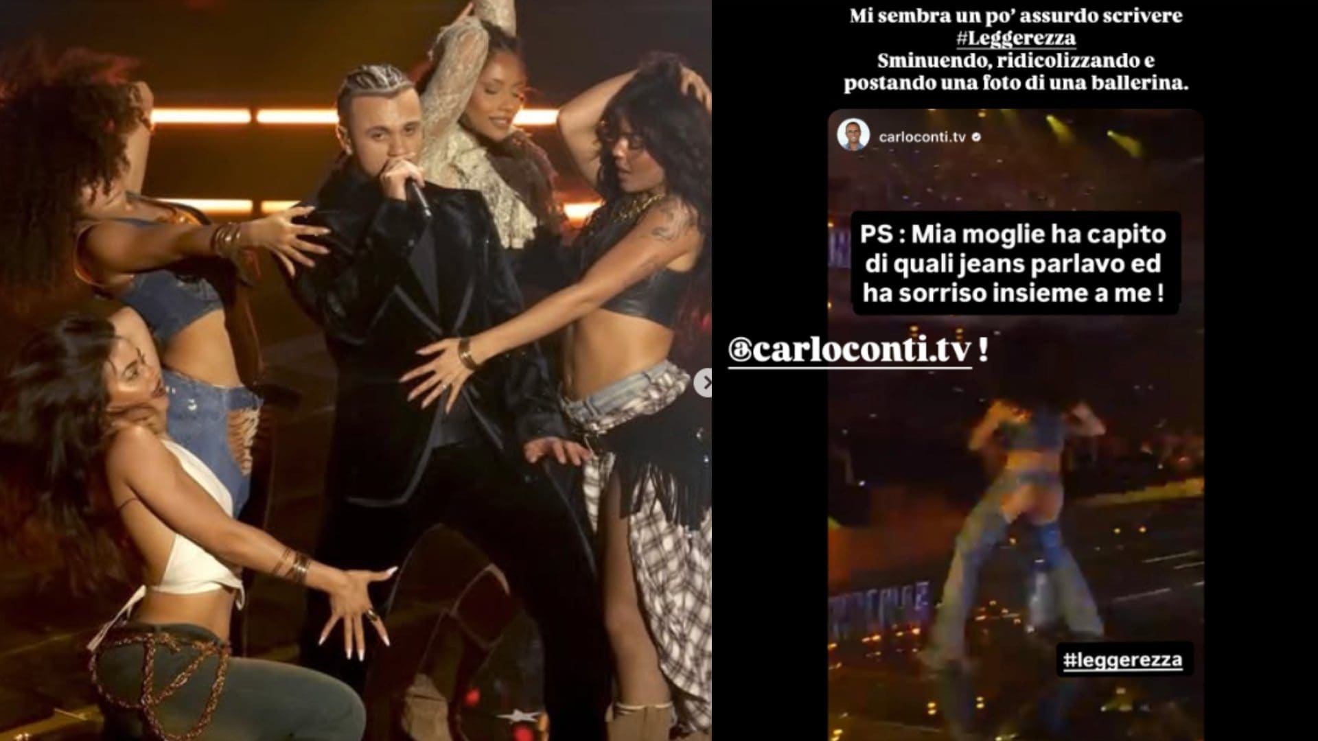 Ballerina di Sanremo contro Conti dopo il commento alla moglie: "Rai feccia umana, sessualizzata per jeans da show"