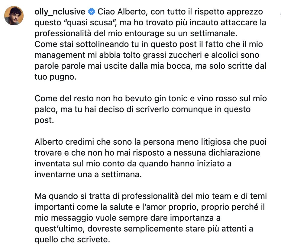 Il commento pubblicato su Instagram da Olly