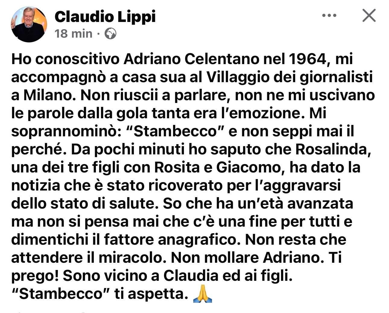 Il post Facebook di Claudio Lippi