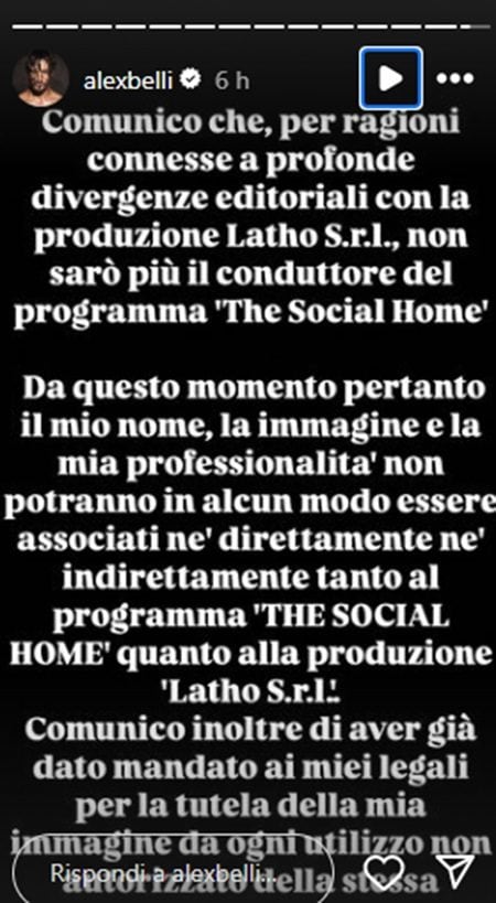 Il comunicato con cui Alex Belli prende le distanze da The Social home, rinunciando alla conduzione