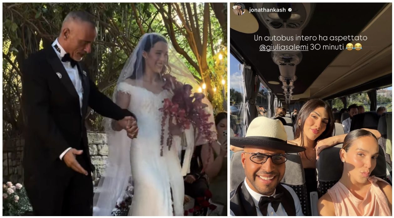 A destra, Aurora ed Eros; a sinistra, Giulia Salemi arriva al bus in ritardo