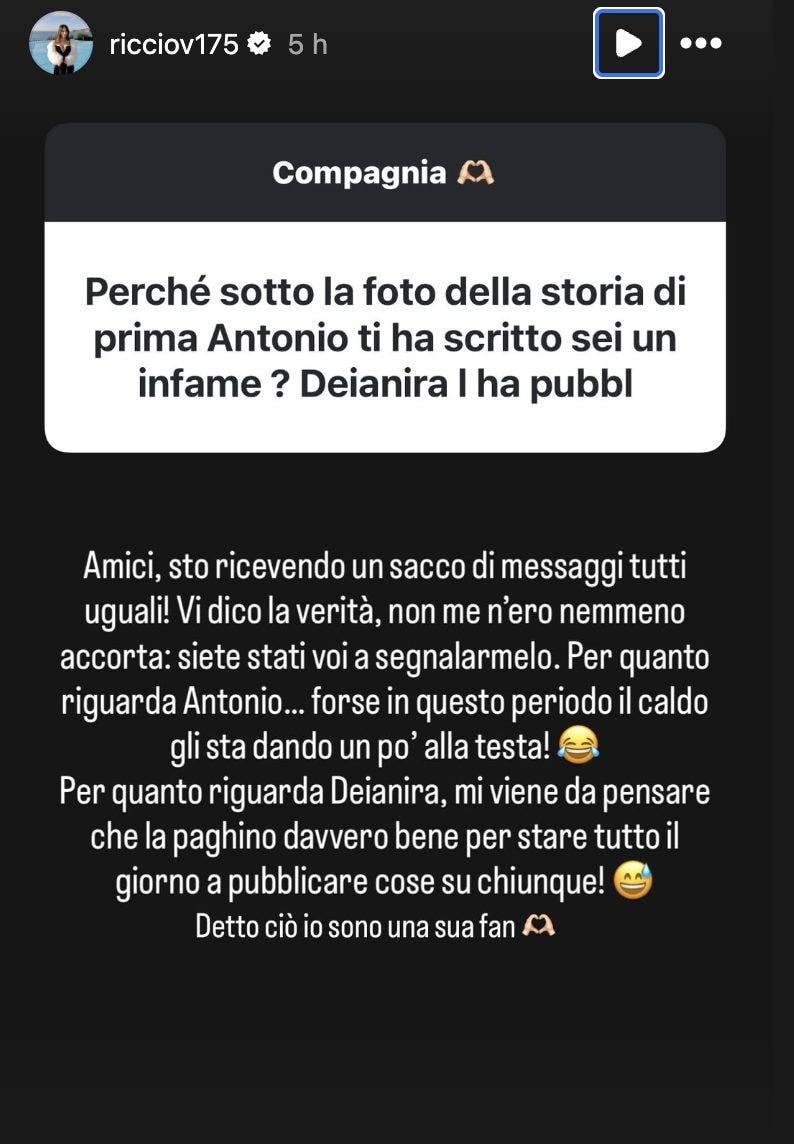 La story postata su Instagram da Valentina Riccio