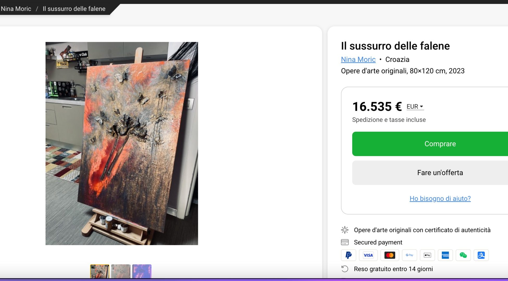 La pagina che la Josè Art Gallery dedica al quadro Sussurro delle falene, il più costoso tra quelli esposti da Nina Moric