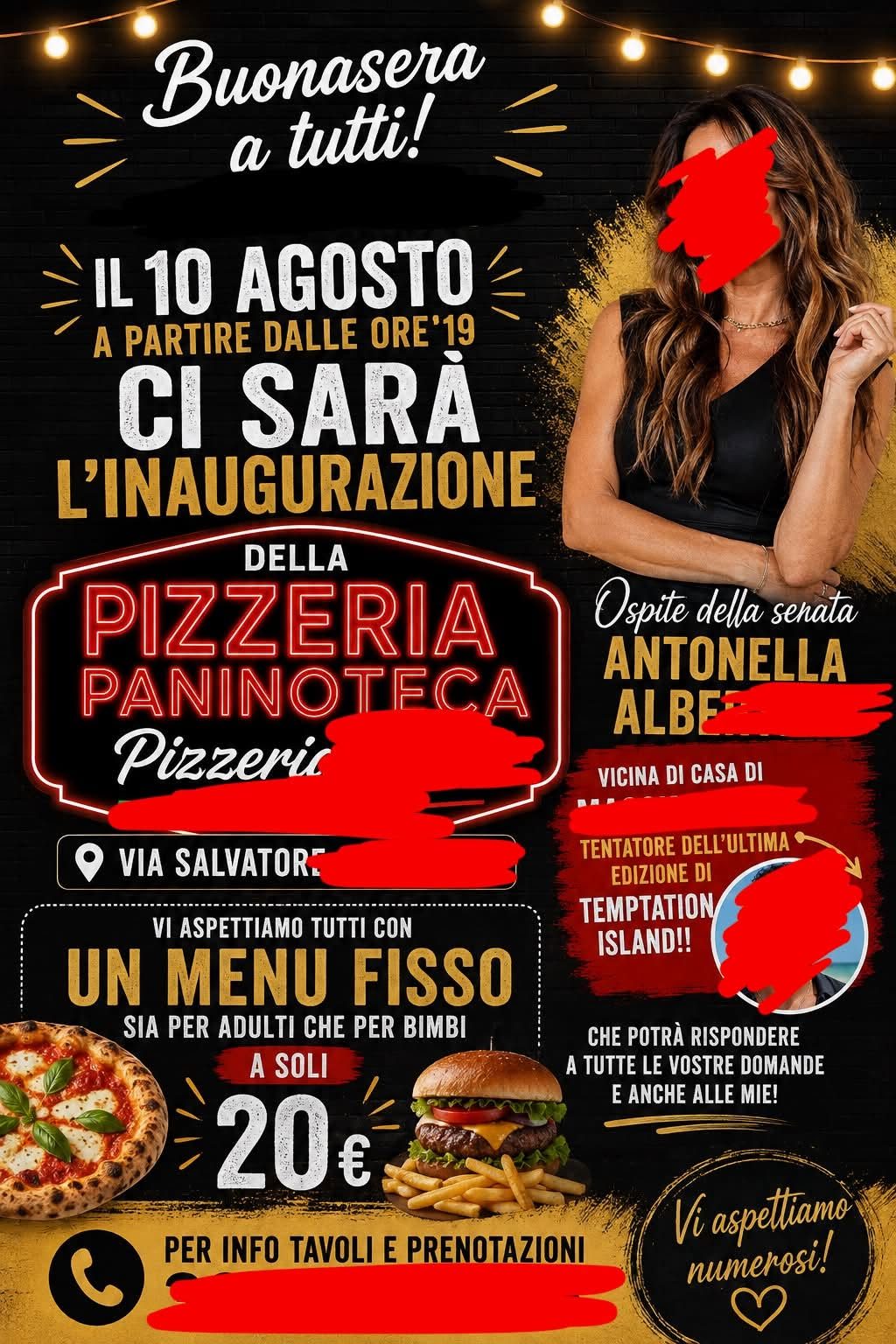 La locandina con la "vicina di casa Antonella", convocata come guest star a una inaugurazione