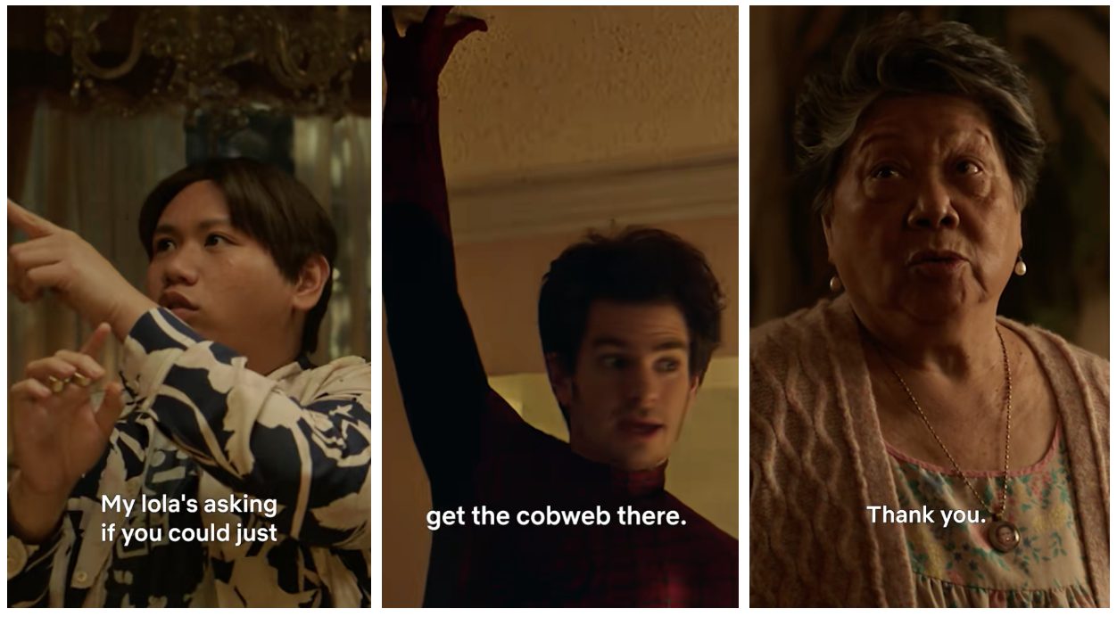 Mary Rivera nella scena iconica delle ragnatele insieme a Andrew Garfield e Jacob Batalon.