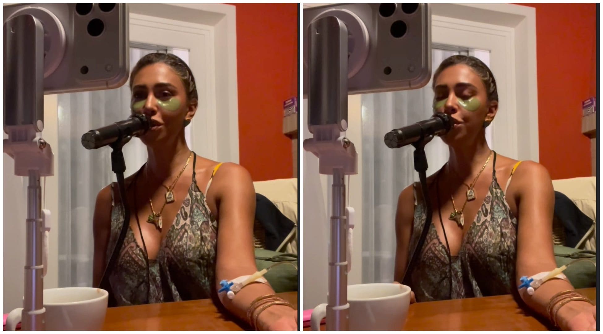 Belen Rodriguez canta con la flebo al braccio e risponde alle critiche su Instagram