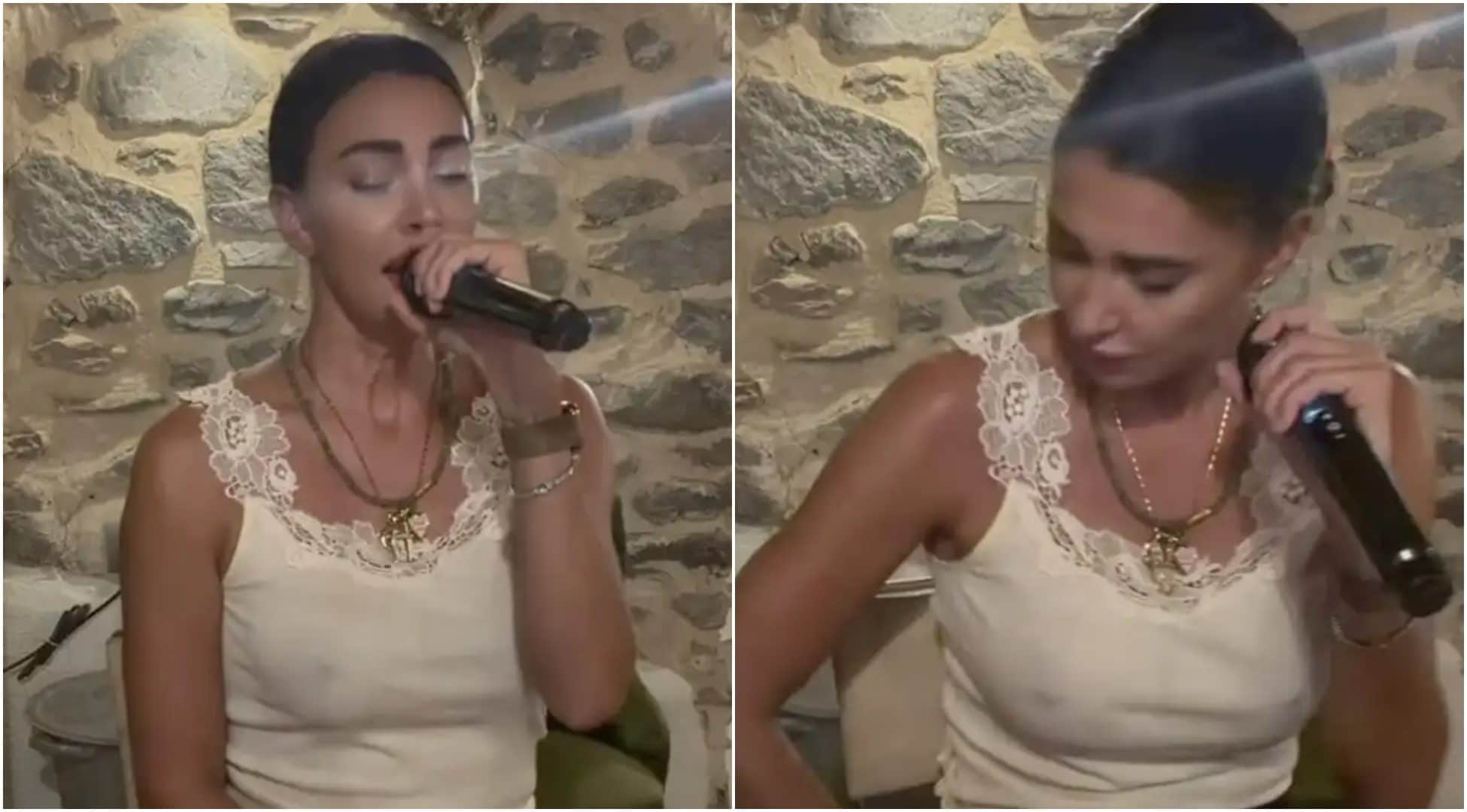 Belen Rodriguez canta Algo contigo con il papà Gustavo: attaccata per la canottiera troppo fina