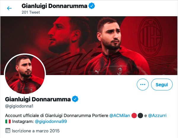 Sugli account social ufficiali Donnarumma è ancora un calciatore del Milan