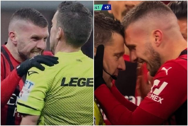 Il faccia a faccia di Ante Rebic con l’arbitro Marco Serra in Milan–Spezia