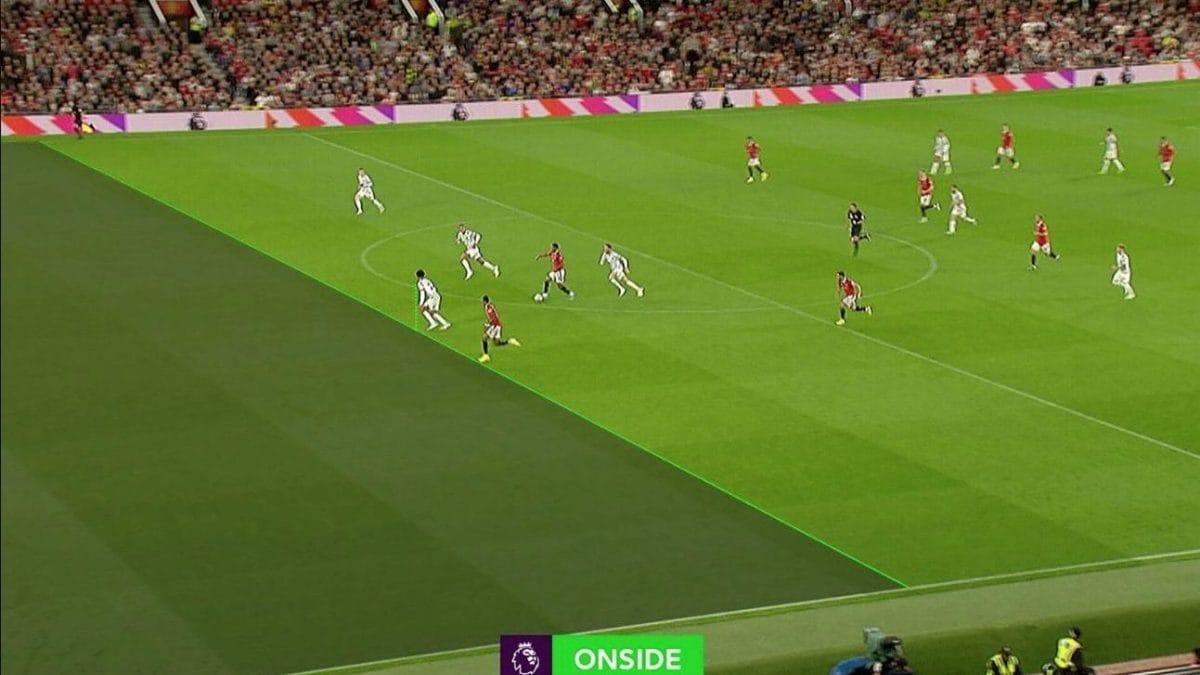 L’immagine del Var relativa alla posizione di Rashford in occasione del raddoppio segnato contro il Liverpool.