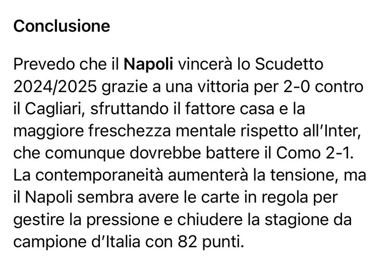 L'esito delle previsione dell'Intelligenza Artificiale sulla lotta scudetto tra Napoli e Inter.