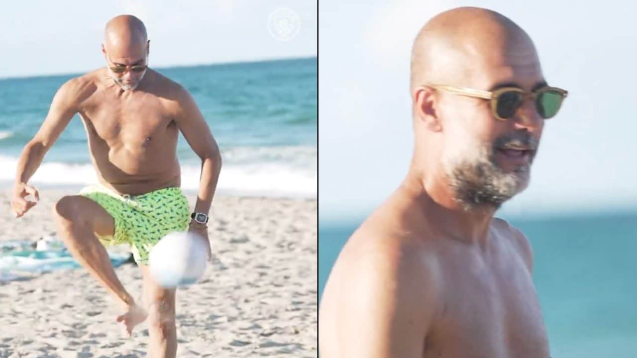 Guardiola palleggia in spiaggia con i suoi giocatori, la palla non deve cadere: la qualità è altissima