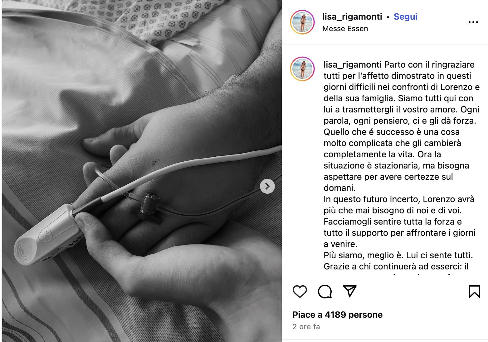 Il post di Lisa Rigamonti, la fidanzata di Lorenzo Bonicelli.