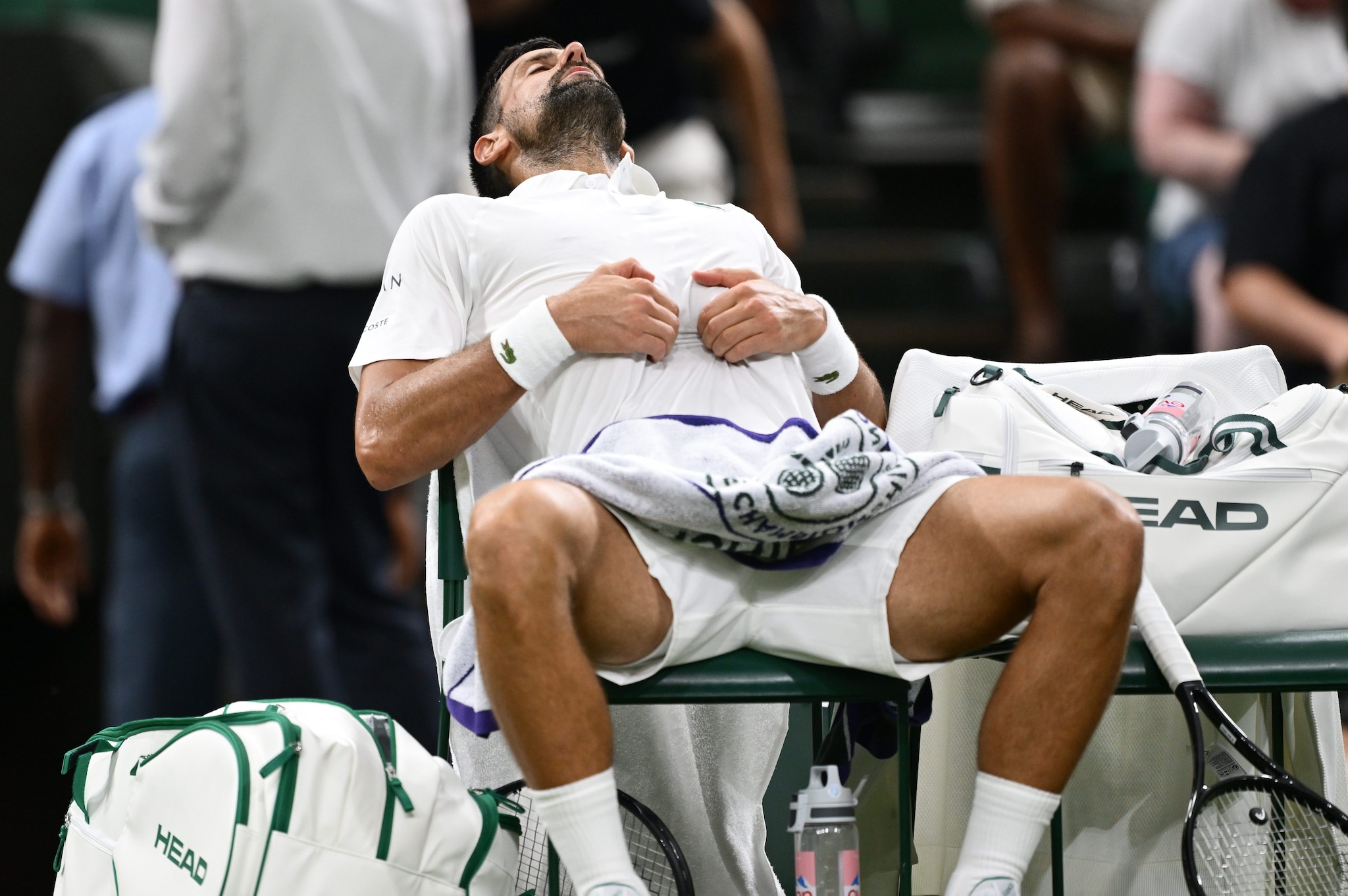 Novak Djokovic accasciato sulla sedia a Wimbledon, è in grande difficoltà poi risorge