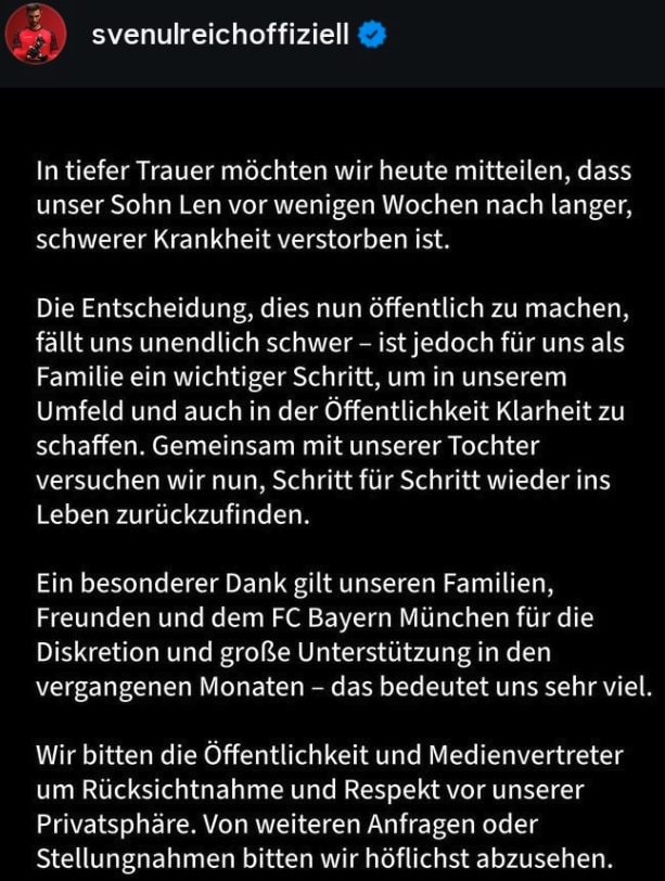 Il post con cui Sven Ulreich annuncia la morte del figlio Lan.
