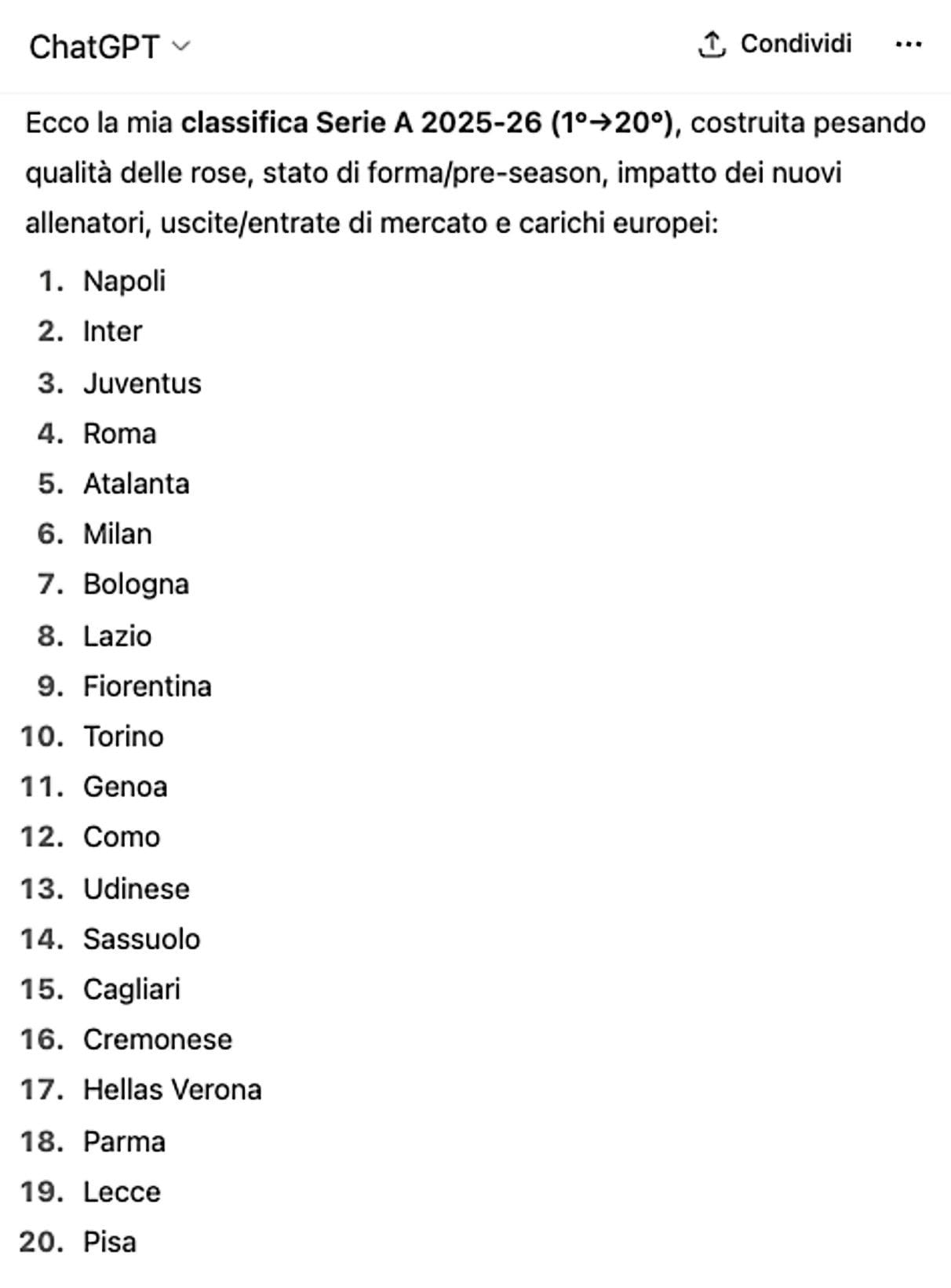 La classifica della Serie A 2025/26 secondo le stime di ChatGPT.