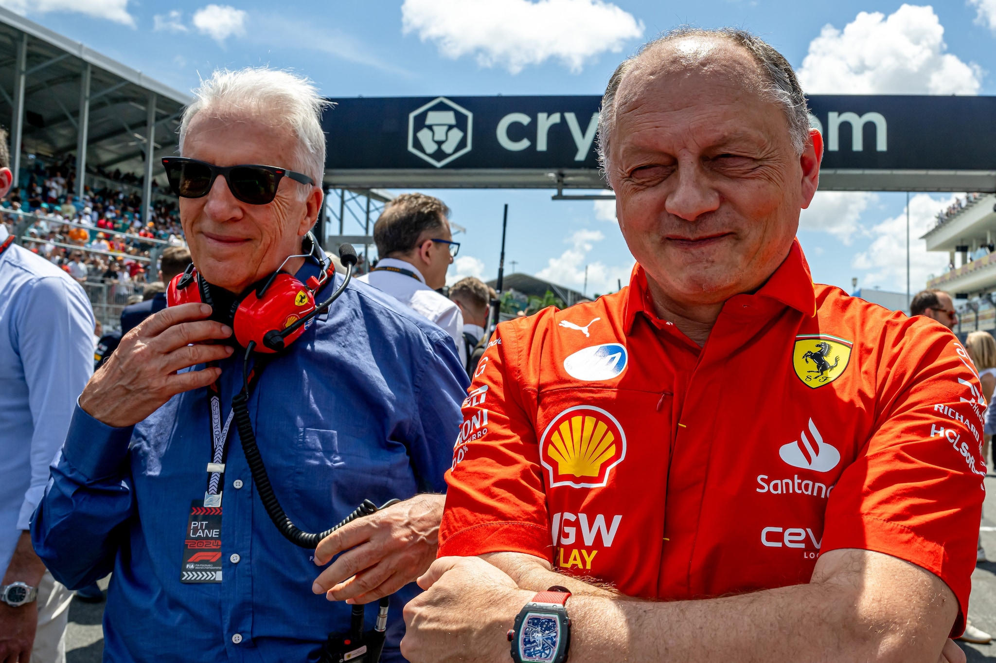 Piero Ferrari col team principal della scuderia di Formula 1 Fred Vasseur