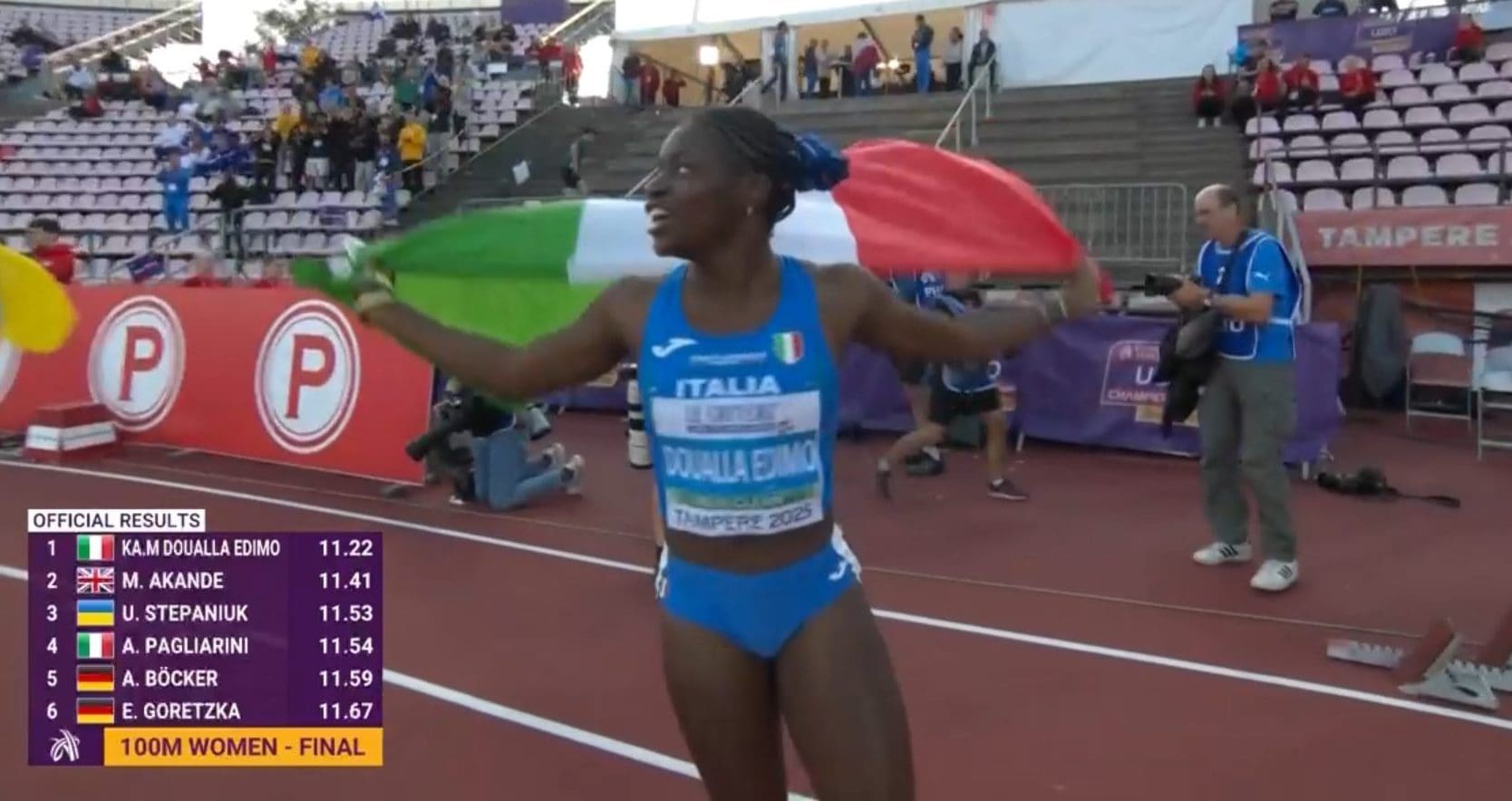 Kelly Doualla stratosferica, la 15enne azzurra la più veloce U20 d'Europa: è oro nei 100m, finale dominata