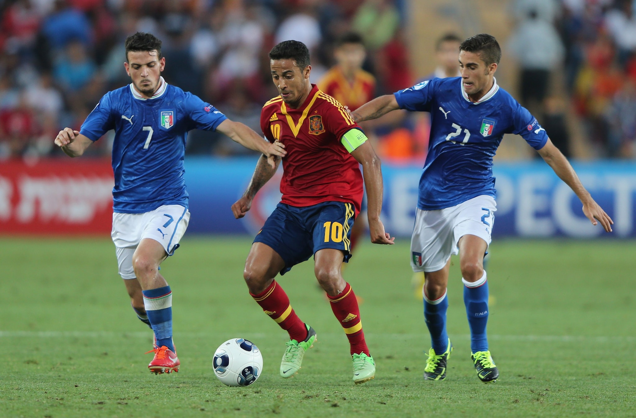 Fausto Rossi con Florenzi e Thiago Alcantara in finale agli Europei U21.