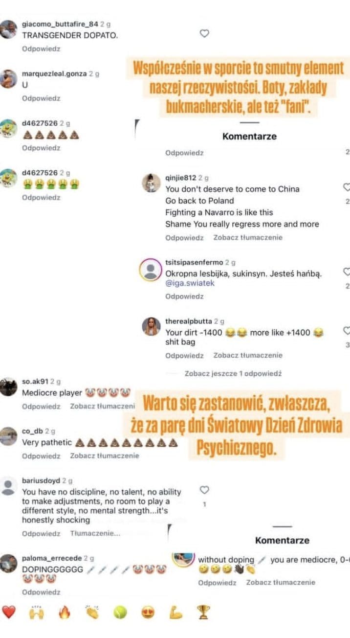 La stories di Iga Swiatek nella quale denuncia le offese ricevute sui social dopo la sconfitta Emma Navarro.