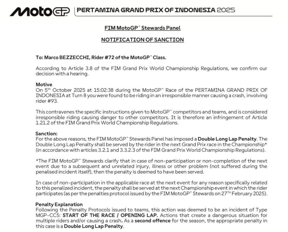 La nota della FIM MotoGP che ufficializza il provvedimento a Bezzecchi.