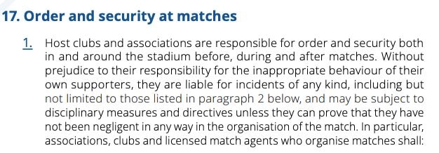 L’Articolo 17 del Codice Disciplinare FIFA, relativo a "Ordine e sicurezza durante le partite"