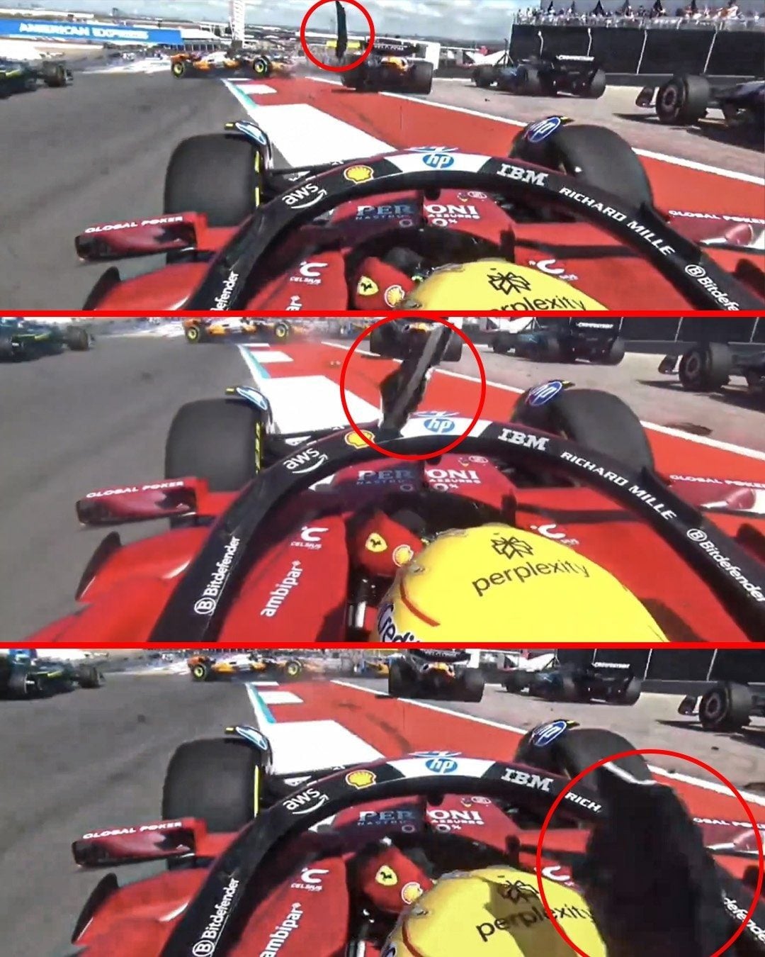 Il momento in cui il pezzo di vettura viene ’sparato’ verso la testa di Lewis Hamilton: lo salva l’Halo