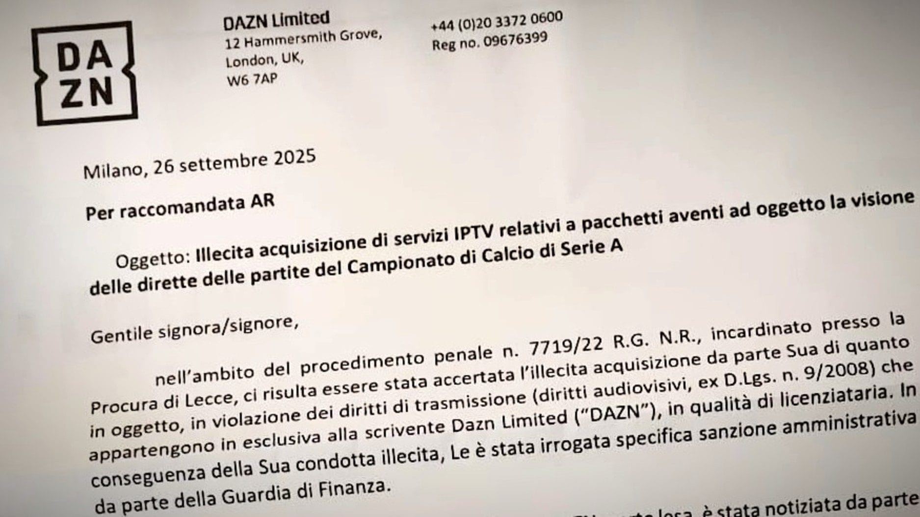 La lettera inviata da DAZN.