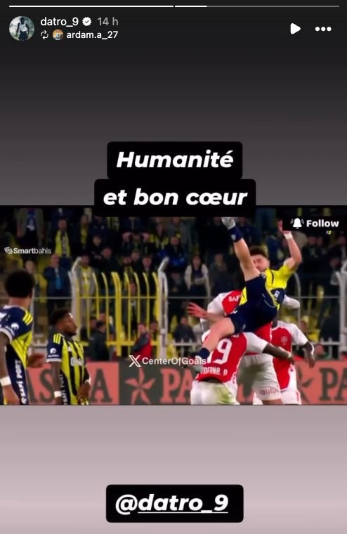 La storia Instagram pubblicata da Yuksek per ringraziare Fofana