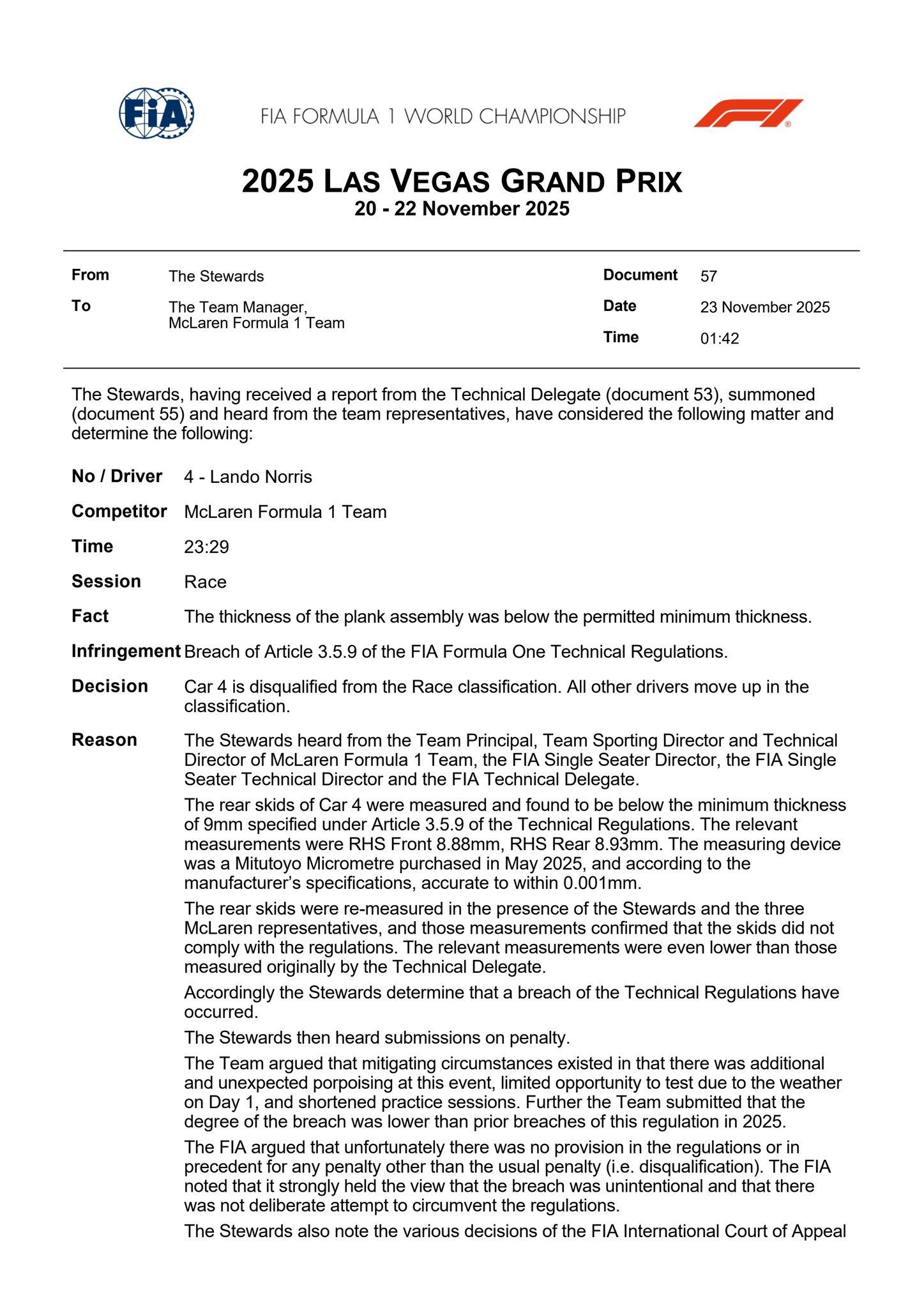 La sentenza dei Commissari FIA sulla squalifica di Lando Norris dal GP di Las Vegas della Formula 1 2025