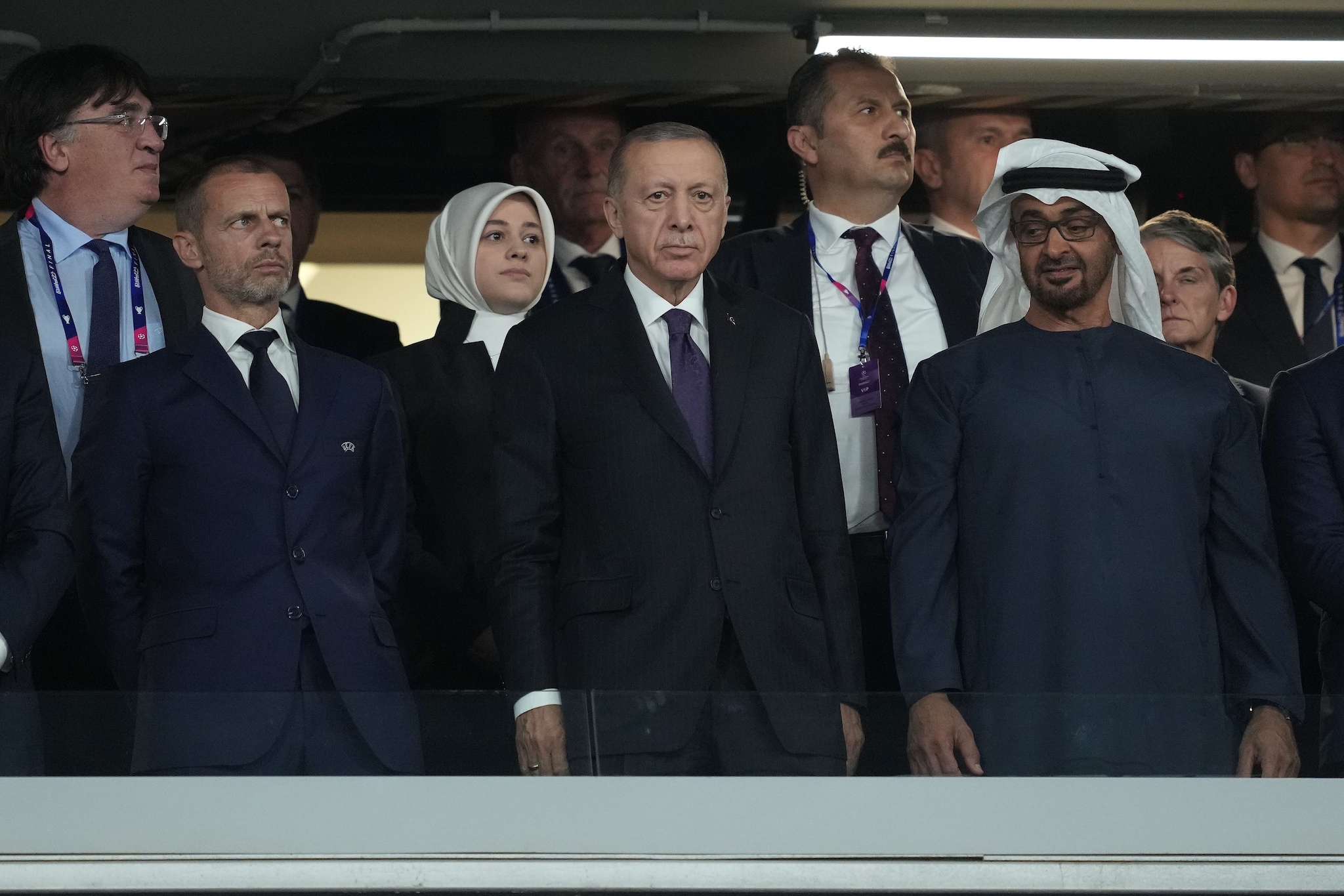 Ceferin, Erdogan e Sheikh Mansour in occasione della finale di Champions League a Istanbul del 2023.