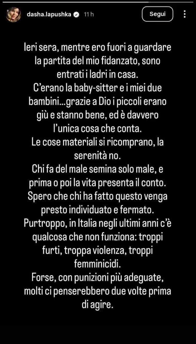La story della compagna di Pinamonti dopo il furto in casa.