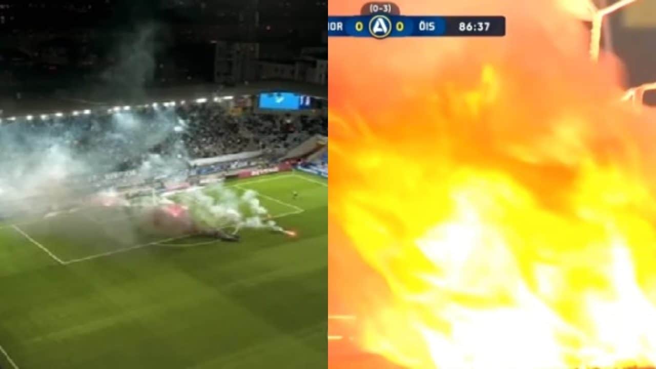 I tifosi lanciano razzi per la retrocessione della squadra, il campo prende fuoco: caos in Svezia