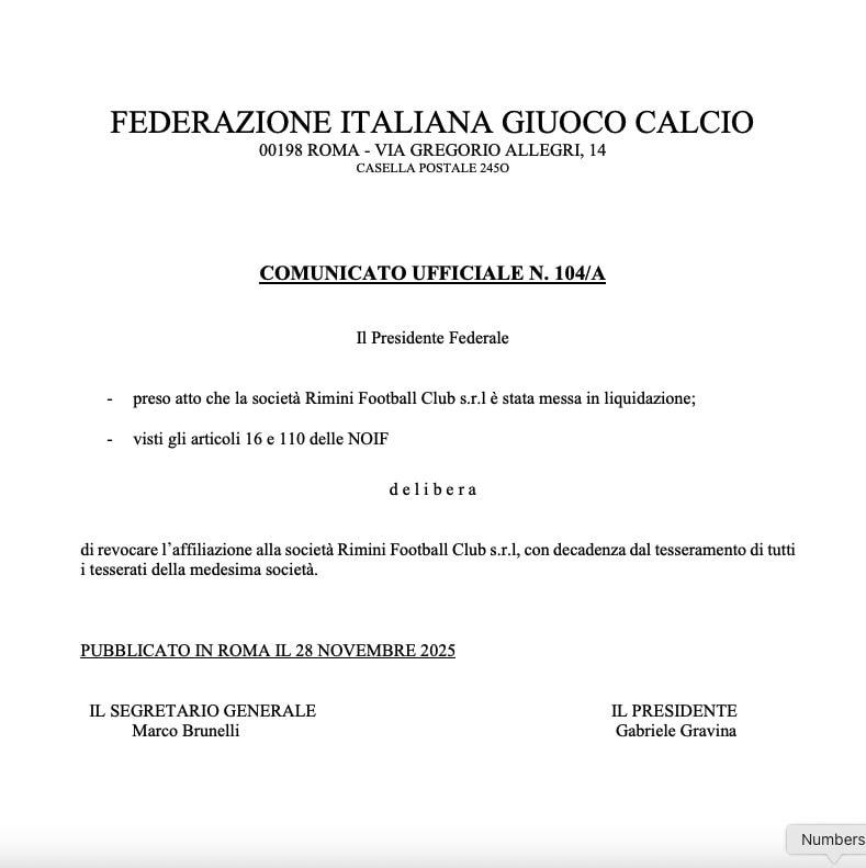 La nota ufficiale della FIGC sul Rimini.