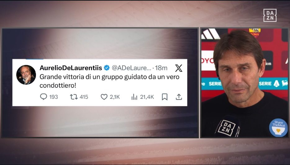 Antonio Conte legge in diretta il tweet di Aurelio De Laurentiis, poi scoppia a ridere