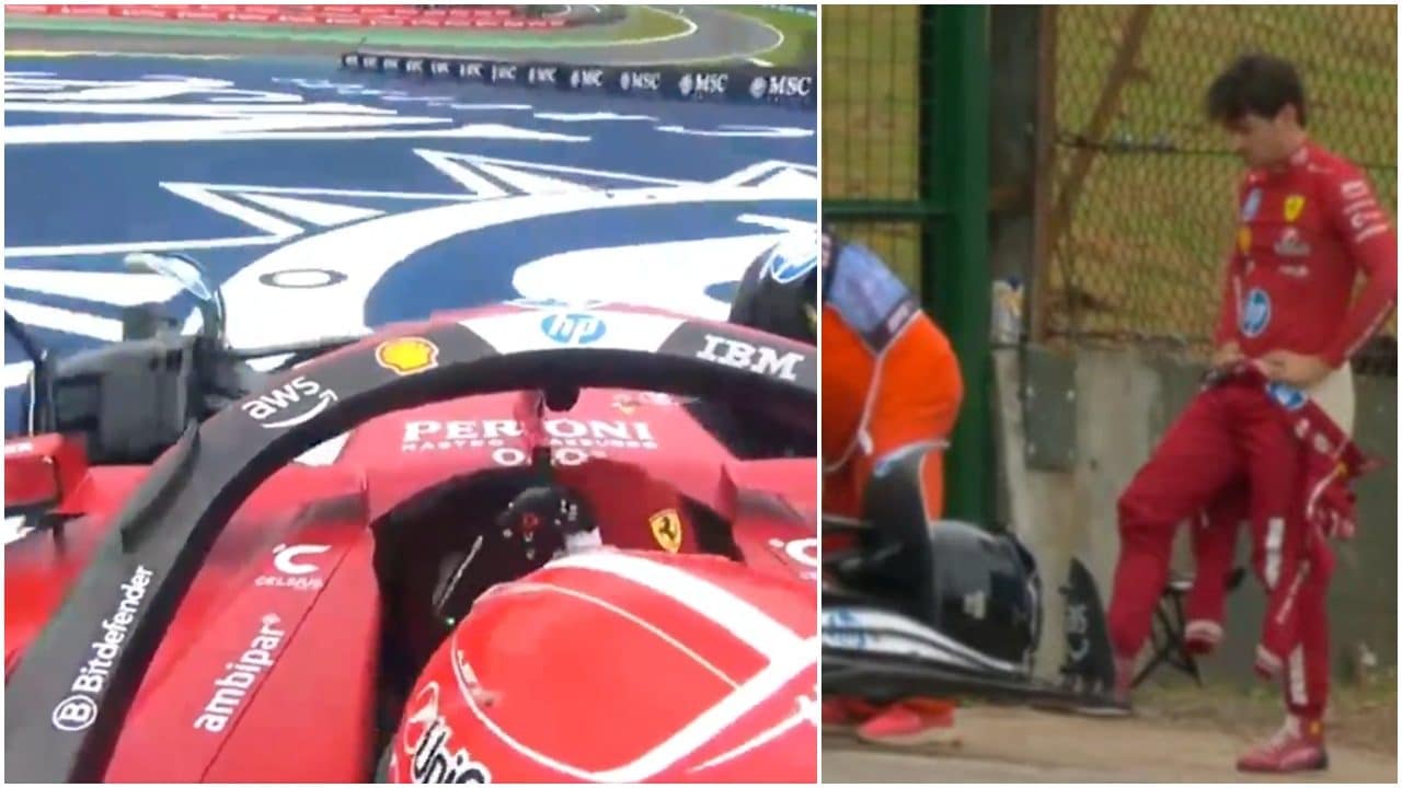 Leclerc esplode dopo esser stato centrato dallo strike di Piastri nel GP del Brasile: calci alla sua Ferrari