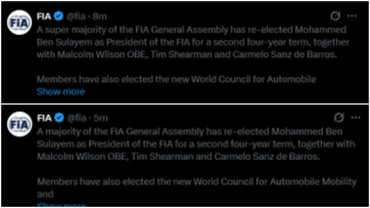 Le prime due versioni del messaggio pubblicato dall’account ufficiale della FIA per comunicare la rielezione a presidente di Mohammed Ben Sulayem