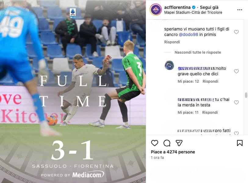 Il terribile commento apparso sull’account Instagram della Fiorentina dopo il ko col Sassuolo.
