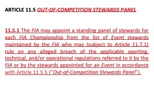 Il nuovo articolo del Codice Sportivo Internazionale della FIA che introduce il nuovo "Out of Competition Stewards Panel"